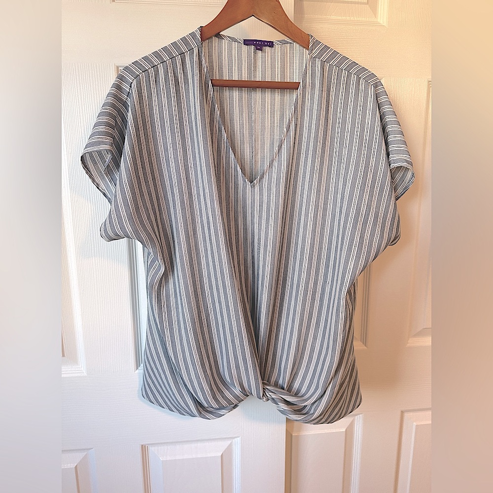Denim Blue Knot-Front Striped Blouse — XL